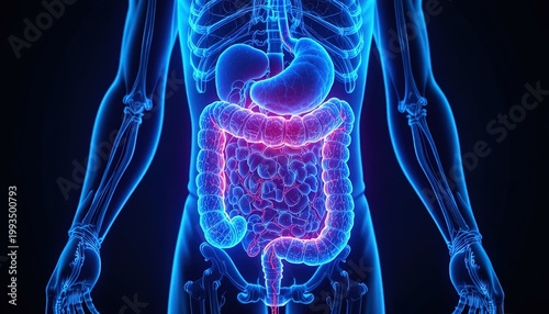 Human digestive system highlights the stomach and large intestine in a medical anatomical visualization.