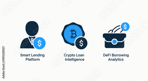 Smart financial icons set for digital lending crypto loans and decentralized finance analytics with cryptocurrency investment analytics business technology platform internet interface strategy