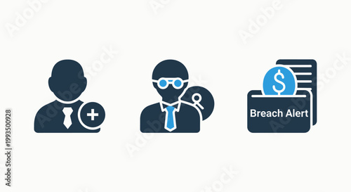 Security and financial breach alert icons featuring user profile and data protection security protection interface business corporate identity notification document employee technology