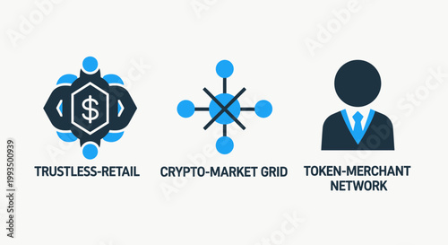 Trustless retail crypto market grid and token merchant network icons for blockchain commerce with blockchain cryptocurrency merchant business technology decentralized trustless commerce