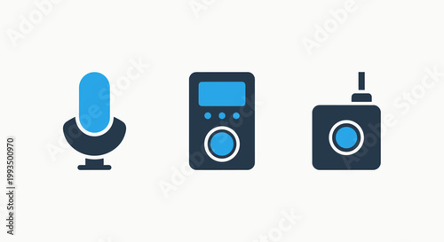 Communication and audio recording device icons including microphone and radio with microphone recorder communication broadcast technology equipment recording wireless electronics interface