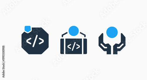 Software code security and developer workflow icons set with security developer software protection programming development internet technology infrastructure engineering platform computer