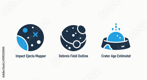 Space and crater analysis scientific icons set with astronomy planetary analysis research meteorite exploration measurement illustration discovery astrophysics scientific laboratory