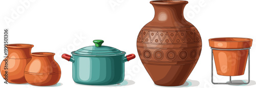 Illustration of Various Traditional and Modern Ceramic Pots, Cooking Pots, and Decorative Vases in Earthy Tones