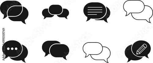 Chat bubble and messaging icon set featuring speech dialogue communication conversation comments and social interaction vector illustration