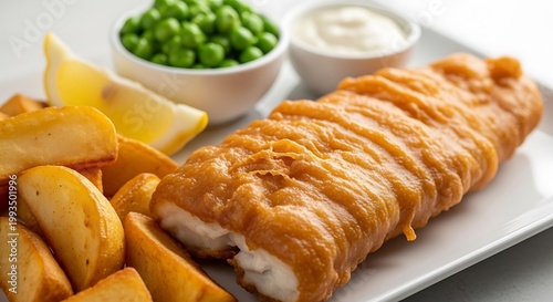Fish and Chips with Peas and Tartar Sauce on a White Plate photo