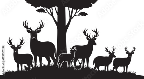 Deer, buck, wildlife, silhouette, vector icons, 7 animals, black and white