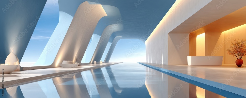 Fototapeta premium Luxury modern interior with reflecting blue pool and curved architectural arches in perspective