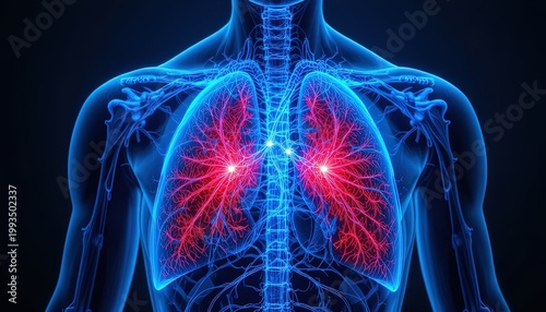 Digital visualization shows human lungs and respiratory system with internal red glow.