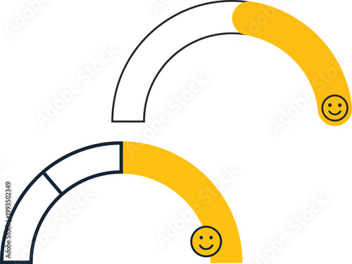 Happiness Satisfaction Meter Gauge with Smiley Face Yellow and White Two Variation Flat Vector Illustration Isolated White Background, Customer Experience Survey Rating Concept