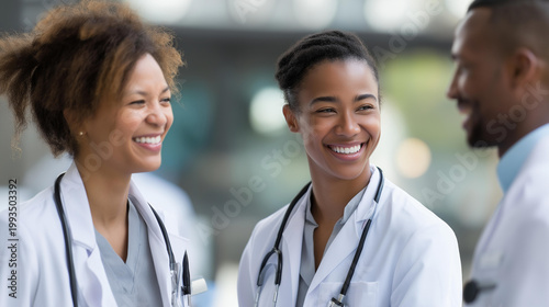 Healthcare professionals networking and discussing during a work break, medical teamwork and collegial culture concept, defocused background, with copy space