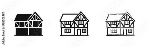 Traditional timbered house or inn icon set, vintage architecture in glyph, outline and hand drawn styles