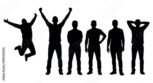 Silhouettes of six men in various poses