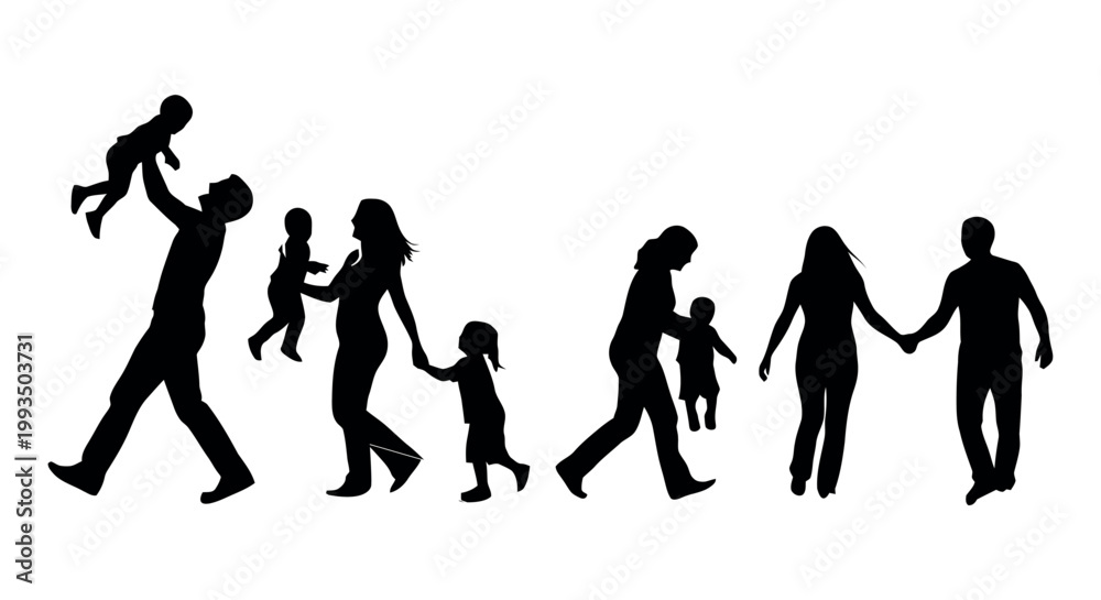 Obraz premium Silhouettes of happy families with parents and children walking together