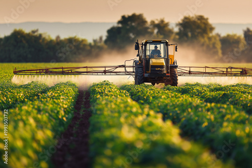 Spraying pesticides in a springtime soybean field. Concept Agricultural Pest Control, Spring Crop Protection, Soybean Field Management, Pesticide Application Safety
