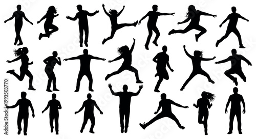Collection of black silhouette people jumping and running