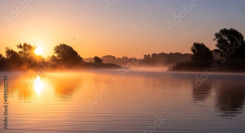 Beautiful sunrise over a calm lake with mist rising from the water and silhouettes of trees in the background