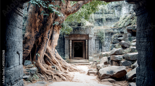 Giant Tree Roots Overgrowing an Ancient Stone Temple Doorway; A stunning scene of nature reclaiming history at a jungle ruin, reminiscent of Angkor Wat architectural style.