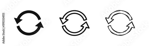 Refresh and synchronize arrows icon set, update cycle in glyph, outline and hand drawn styles