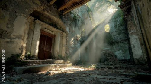 Abandoned ancient temple interior with sun rays beaming through a collapsed roof creating a mystical and cinematic atmosphere in historical ruins