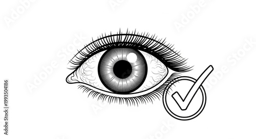 Close up of a human eye with a checkmark symbol.
