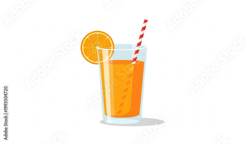 Fresh Orange Juice Glass with Straw and Slice – Flat Vector Illustration