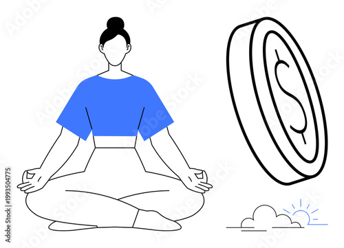 Financial wellness, meditation, personal growth, mindfulness, wealth management, budgeting awareness. Woman in a meditative pose next to a coin. Financial wellness and mindfulness concept