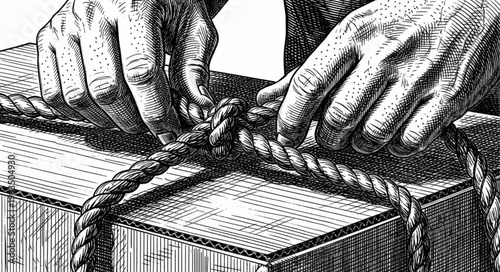 Close up of hands tying a knot on a wooden surface.