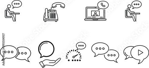 Communication vector icon set featuring speech bubbles telephone calls video conferencing and customer support service line art illustrations.