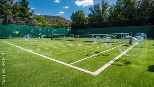 Sunny tennis court with bubbles floating, surrounded by green trees and a clear blue sky, creating a playful and vibrant atmosphere