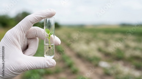 Scientist in gloves holding a test tube with a young green plant sprout against a blurred field. Concept of biotechnology, agritech research, GMO testing, and sustainable agriculture innovation.

