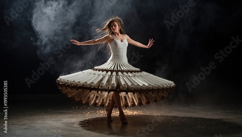A dancer in a flowing, intricate dress twirls gracefully, creating a sense of movement and elegance with sparkles around her