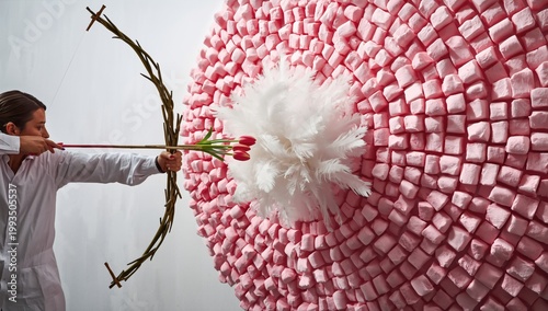 A person in a light-colored shirt aiming a bow and arrow at a large target made of pink sugar cubes and white feathers, creating a visual contrast