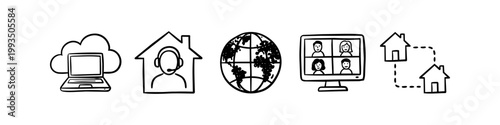 Hand-drawn icon set representing remote work, video conferencing, global connectivity, and cloud computing. Simple black and white doodles on a white background.
