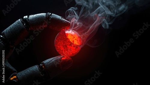 A robotic hand grasping a glowing red orb, with wisps of smoke emanating from it, creating a dramatic and futuristic atmosphere