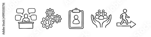 Hand-drawn business and human resources icon set featuring communication, teamwork gears, profile clipboard, social support, and career progress in a minimalist doodle style.