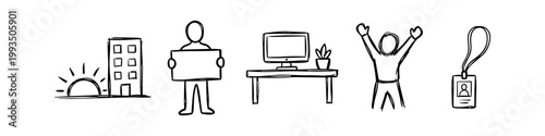 Hand-drawn office and career icons featuring building at sunrise, person with blank sign, workstation, successful figure, and ID badge. Minimalist black line art doodle sketch on white.