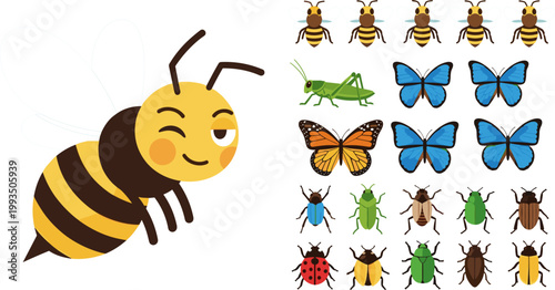 Cute Cartoon Winking Bee Butterfly Grasshopper Beetle and Ladybug Colorful Insect Vector Illustration Set for Nature Design