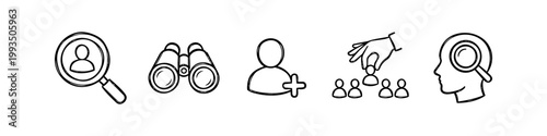 Set of hand-drawn recruitment icons including symbols for headhunting, talent search, hiring, and candidate selection in a minimalist black ink sketch style on a white background.