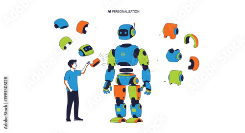 Robot, colorful robot parts, interchangeable components, man with robot