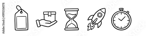 Set of hand-drawn business and e-commerce icons featuring a price tag, package delivery, hourglass, rocket launch, and stopwatch. Minimalist doodle style on white background.