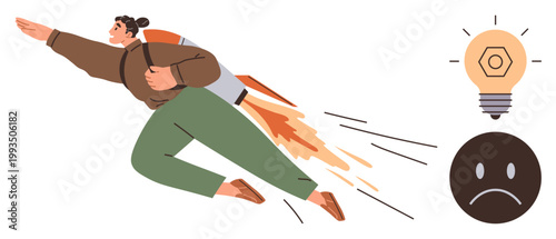 Innovation, emotional balance, problem-solving, self-growth, motivation, creativity. Individual flying with jetpack, lightbulb and sad face icon. Innovation and emotional balance concepts