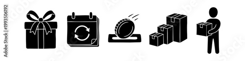 Set of black logistics and e-commerce silhouette icons featuring a gift box, subscription calendar, payment coin, storage boxes, and a delivery person holding a package.