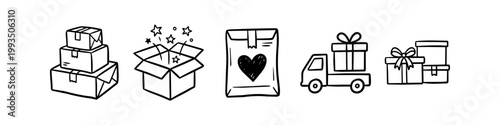 Set of hand-drawn doodle icons for delivery and shipping featuring stacked boxes, an open surprise box, a mailer with a heart, a delivery truck, and gift boxes. Ideal for e-commerce branding.