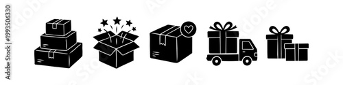 Set of black hand-drawn delivery and gift icons featuring stacked shipping boxes, a surprise package with stars, a heart icon box, a delivery truck, and wrapped presents on white background.