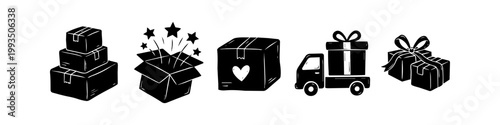 Hand-drawn set of black delivery and gift icons including stacked boxes, a surprise box with stars, a heart package, a delivery truck, and presents. Ideal for e-commerce and logistics designs.