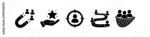 Hand-drawn business marketing icons: customer acquisition magnet, hand with star, target audience, customer journey, and lead capture net. Minimalist black doodle style on white background.