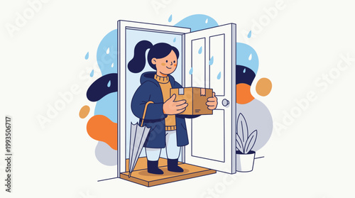 Young Woman Receiving a Parcel at Her Doorstep on a Rainy Day with Colorful Abstract Background