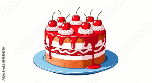 Delicious cake with cherries and red icing on a blue plate
