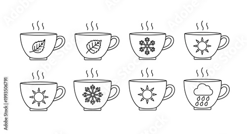 Collection of eight line art vector icons featuring steaming cups decorated with seasonal motifs like leaves snowflakes sun and rain clouds